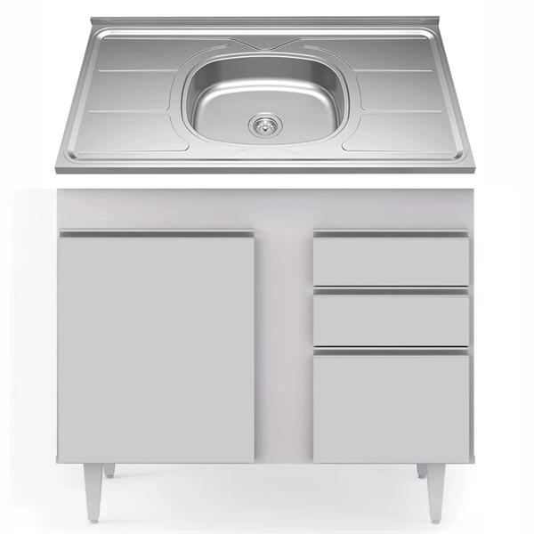 Balcão Gabinete Com Pia Inox 100cm 2 Portas 2 Gavetas Luziani