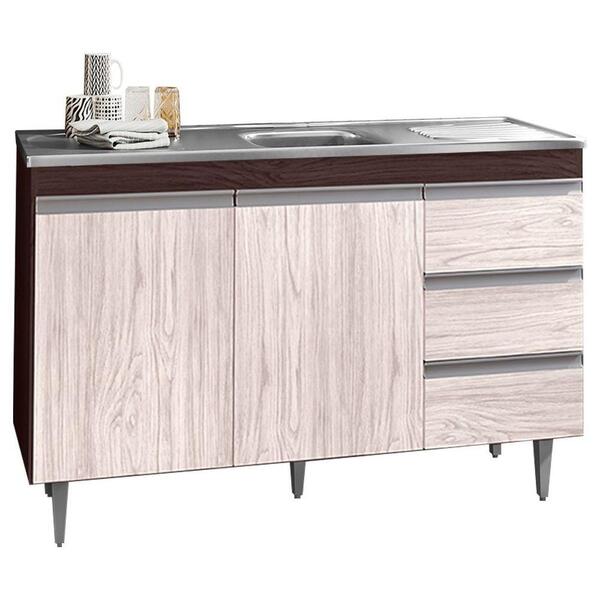 Balcão Gabinete Com Pia Inox 120cm 2 Portas 3 Gavetas Andréia