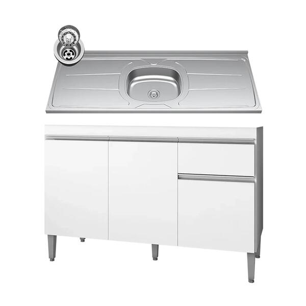 Balcão Gabinete Com Pia Inox 120cm 3 Portas E 1 Gaveta Tatian