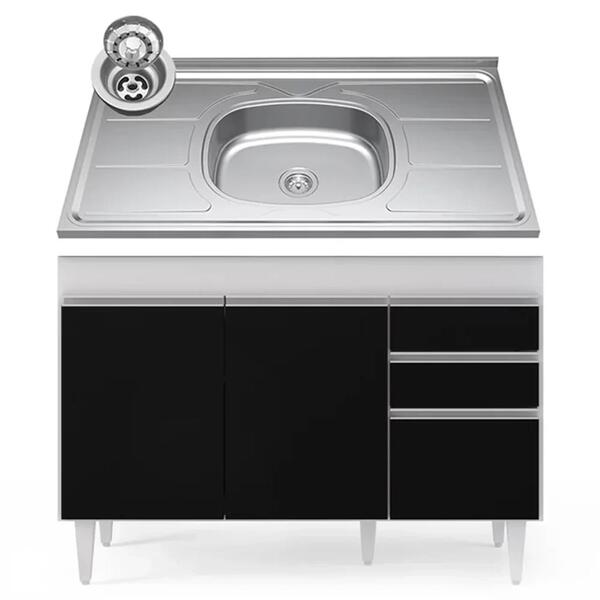 Balcão Gabinete Com Pia Inox 120cm Michigan Branco/preto - Lu