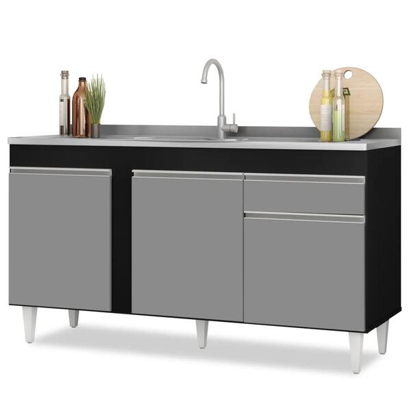 Balcão Gabinete Com Pia Inox 150cm 3 Portas 1 Gaveta Dakota P