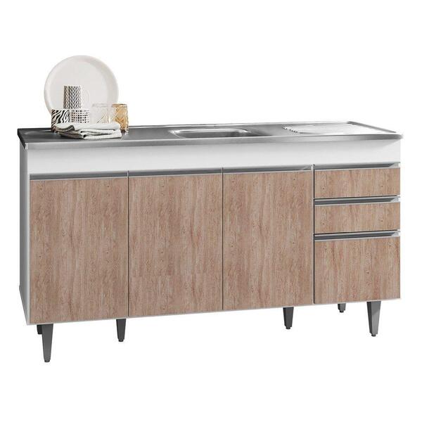 Balcão Gabinete Com Pia Inox 150cm 4 Portas 2 Gavetas Branco