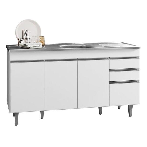 Balcão Gabinete Com Pia Inox 150cm 4 Portas 2 Gavetas Branco