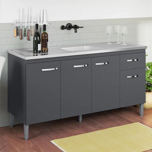 Balcão Gabinete Com Pia Inox 150cm 4 Portas E 1 Gaveta Gabrie