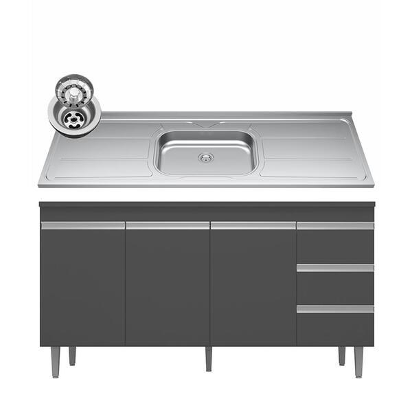 Balcão Gabinete Com Pia Inox 150cm Andréia 3 Portas Cinza – A