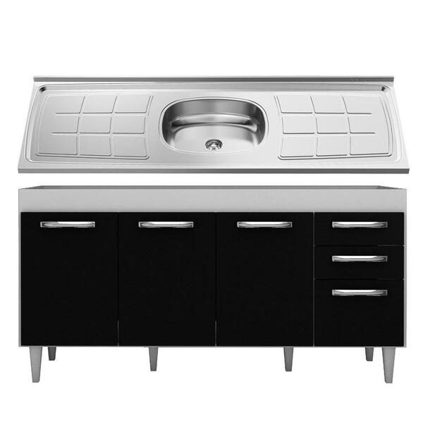 Balcão Gabinete Com Pia Inox 160cm 4 Portas Branco E Preto