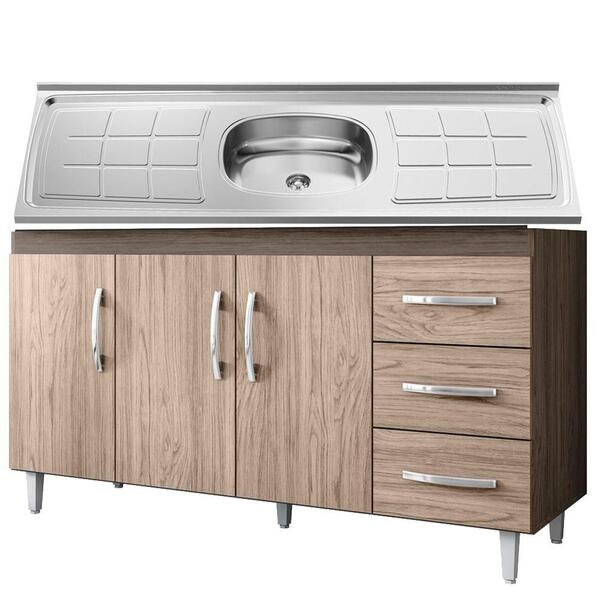 Balcão Gabinete Isabel Com Pia Inox 160cm Castanho E Avelã