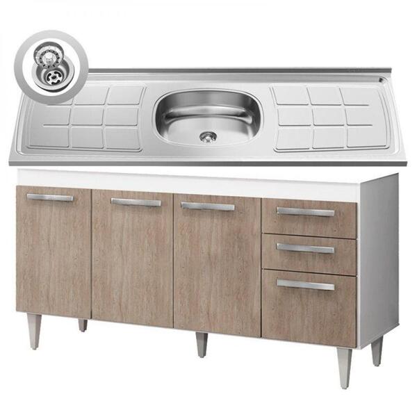 Balcão Gabinete Lis E Pia Inox 150cm Branco E Castanho
