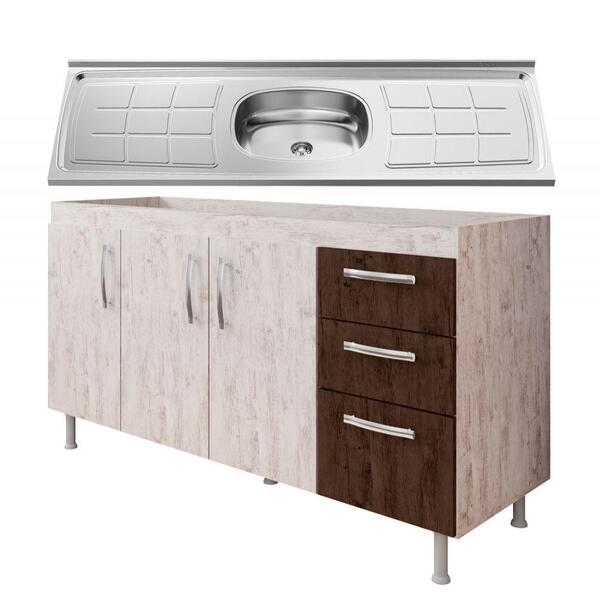 Balcão Gabinete Nathan E Pia Inox 160cm Rústico E Chocolate