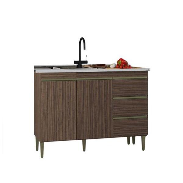 Balcão Gabinete Para Pia 120cm 2 Portas 3 Gavetas Chocolate -