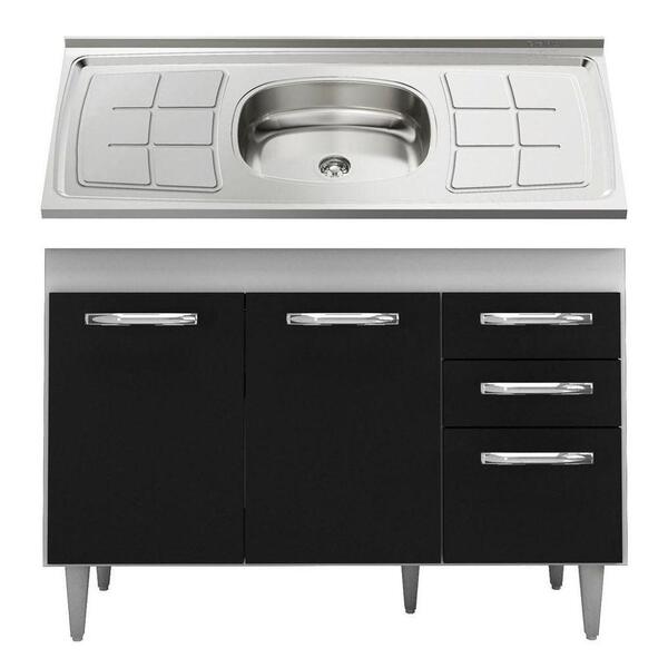 Balcão Gabinete Suécia Com Pia Inox 120cm 3 Portas Branco/pre