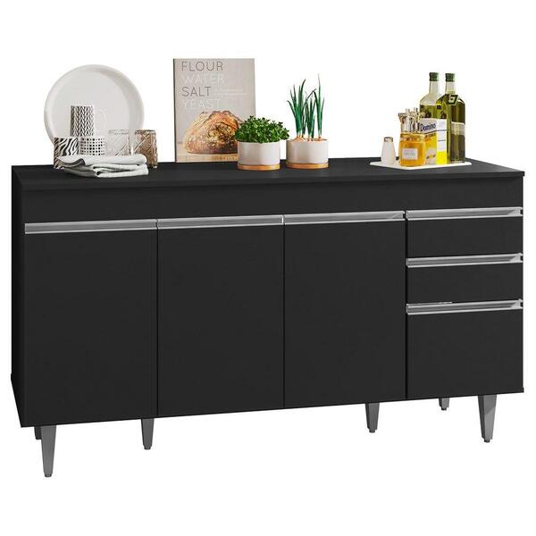 Balcão Gabinete Tampo 150cm 4 Portas 2 Gavetas Preto