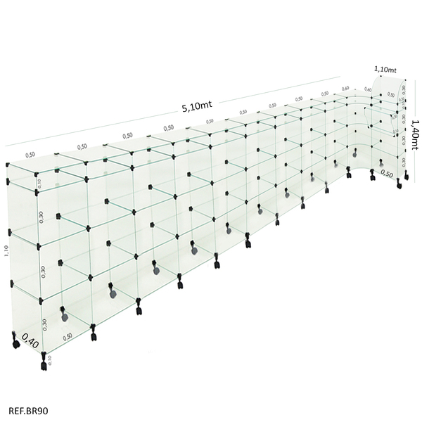 Balcão L Em Vidro C/ Caixa + Rodizio - 5,10 X 1,10 X 1,10 X 0
