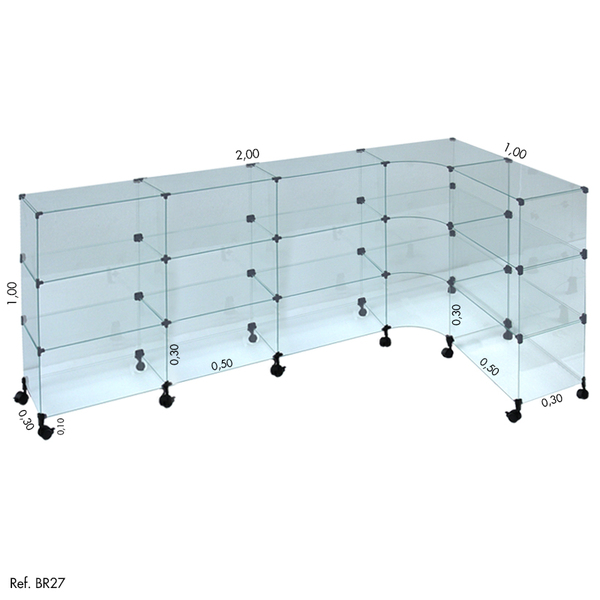 Balcão L Modulado Em Vidro Com Rodízio 2,00 X 1,00 X 1,00