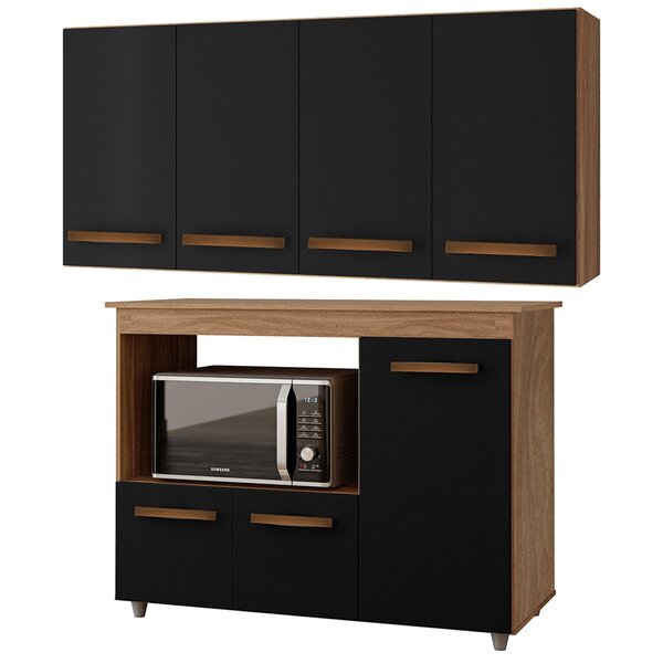 Balcão Multiuso 3 Portas E Armário Aéreo 4 Portas Luni Savana