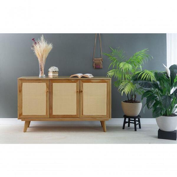 Balcão Munique 3 Portas Palha Rattan Madeira Maciça