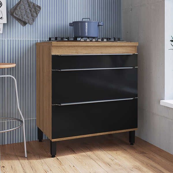 Balcão Paola 0,80 M Com Pés 1 Porta 2 Gavetas Dlm Mel E Preto