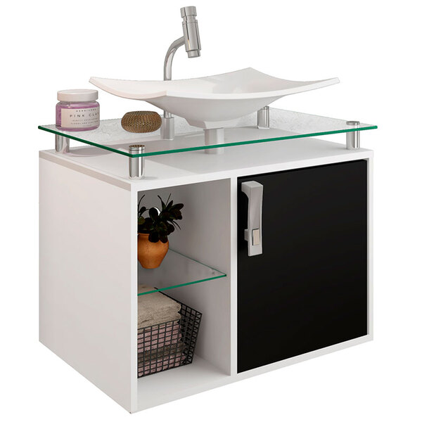 Balcão Para Banheiro Com 1 Porta Lagos-mgm - Branco / Preto