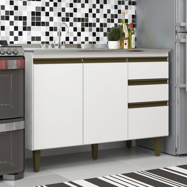 Balcão Para Cozinha 3 Gavetas 2 Portas 120cm Branco