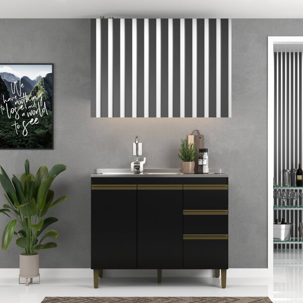 Balcao Para Cozinha 3 Gavetas 2 Portas 120cm Cecilia  Preto