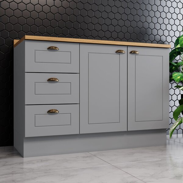 Balcão Para Cozinha 3 Gavetas 2 Portas Com Tampo Emily Cinza