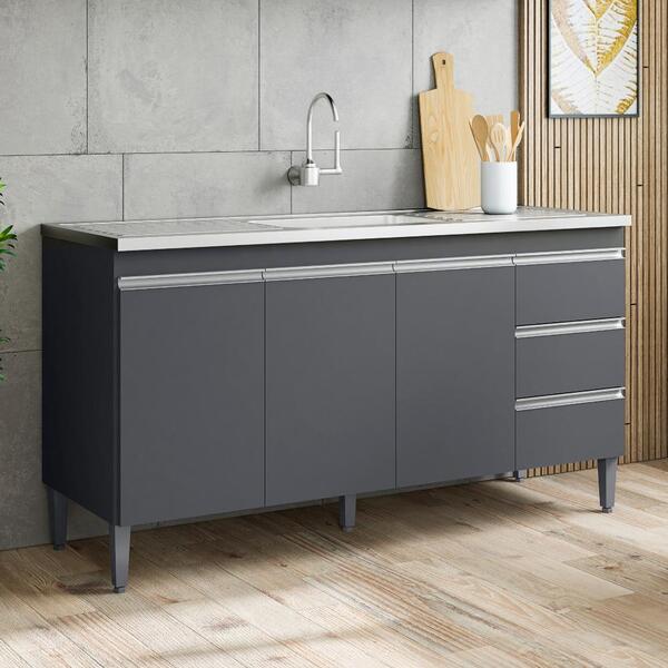 Balcão Para Cozinha 3 Portas Blackpool Cinza Fosco