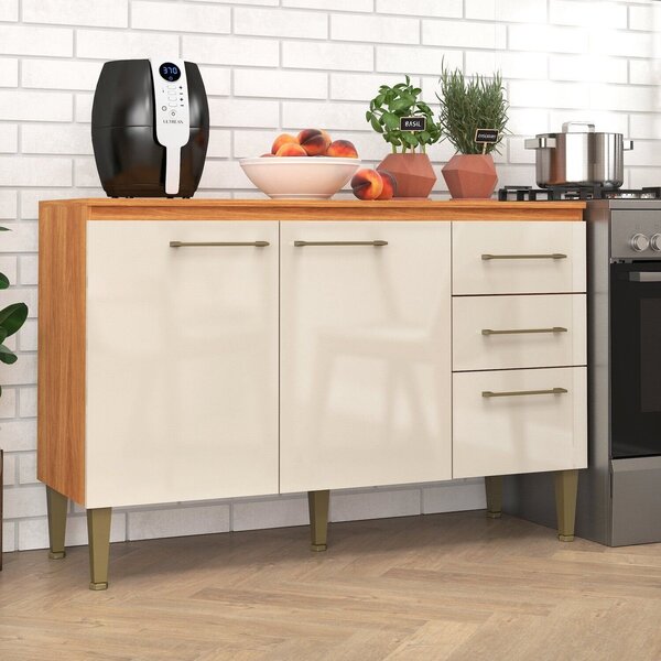 Balcão Para Cozinha Com Tampo 3 Portas 3 Gavetas Cinamomo E O