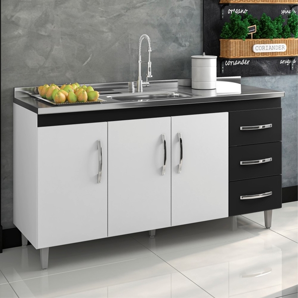 Balcão Para Cozinha Laura 1,5 Branco Preto Sem Tampo