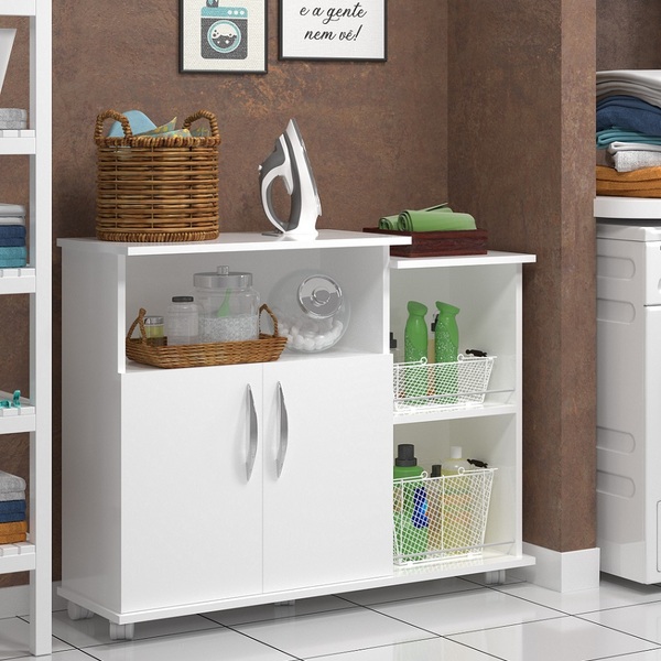 Balcão Para Lavanderia Tampo Branco 4 Rodinhas De Chão