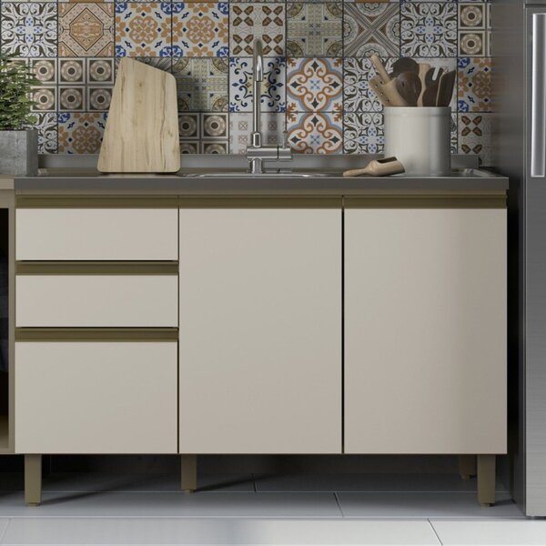 Balcão Para Pia 120cm 3 Portas 2 Gavetas Évelin  Duna/cristal