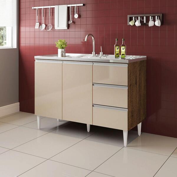 Balcão Para Pia De 1,20 Mt Recife 3 Gavetas Castanho Off White
