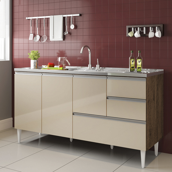 Balcão Para Pia De 1,50 Mt Aracaju Com Gavetão Castanho Off W