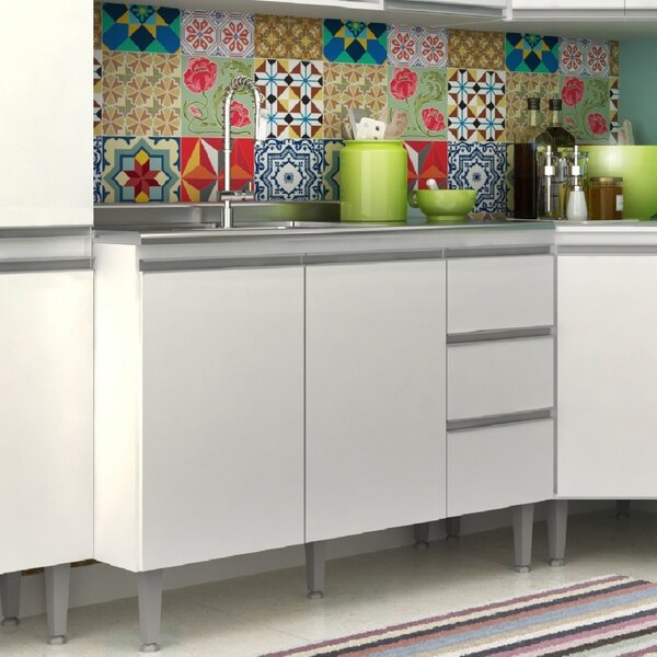 Balcão Para Pia De Cozinha 3 Gavetas 2 Portas Athena  Branco