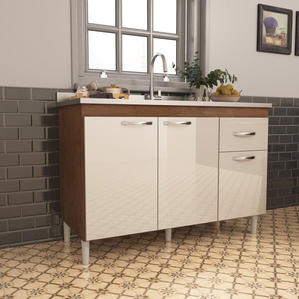 Balcão Para Pia Sem Tampo 120cm 3 Portas 1 Gaveta Moscou  Noc