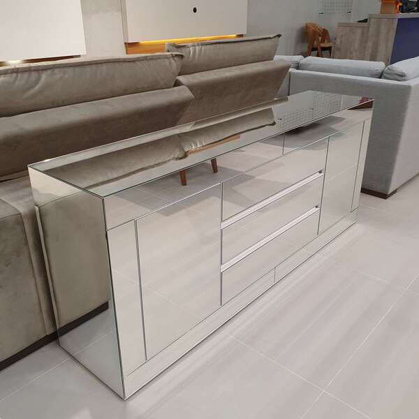 Balcão Para Sala De Estar Espelhado Moderno 3 Gavetas 75x180x