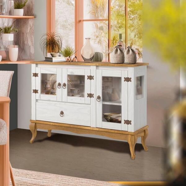 Balcão Rústico Madeira Maciça 3 Portas Vidro Lateral D125vl S