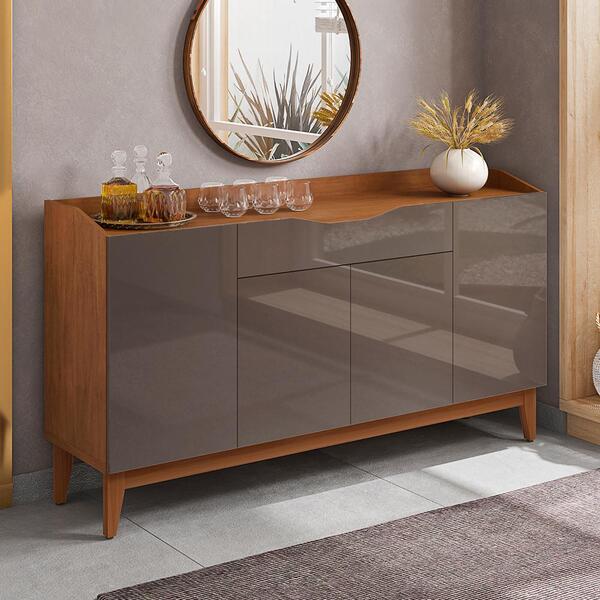 Bancada Aparador Ágatha Cedro Cinza Pérola 4 Portas