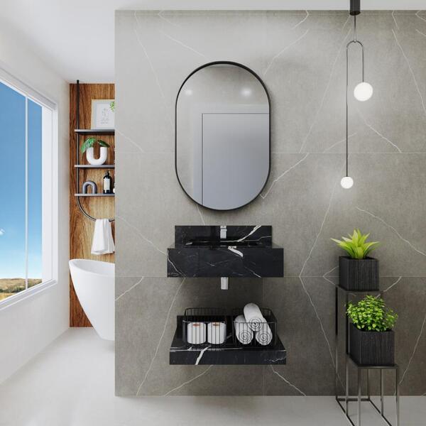 Bancada Banheiro Porcelanato 60 C/ Cuba E Prateleira Preto