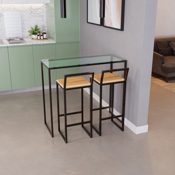 Bancada Cozinha Balcão Gourmet 120cm Vidro Com Banquetas Pinus