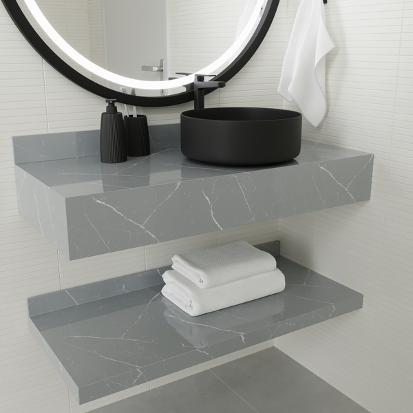 Bancada de Banheiro em Porcelanato para Cuba de Apoio 15x100x45cm Média Cinza Marmi VIP Bongut