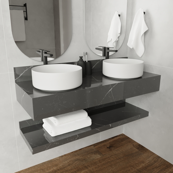 Bancada de Banheiro em Porcelanato para Cuba de Apoio com Prateleira 15x120x45cm Grande Cinza Marmi Vip Bongut