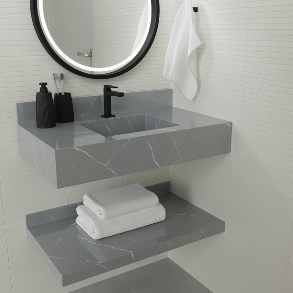 Bancada de Banheiro em Porcelanato com 1 Cuba Esculpida 15x80x45cm Média Cinza Marmi Class Bongut
