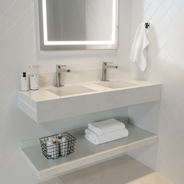 Bancada de Banheiro em Porcelanato com 2 Cubas Esculpidas 15x120x45cm Grande Marmorizado Gold Class Bongut