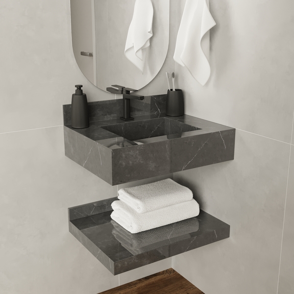 Bancada de Banheiro em Porcelanato com 1 Cuba Esculpida 15x60x45cm Pequena Preta Dark Class Bongut