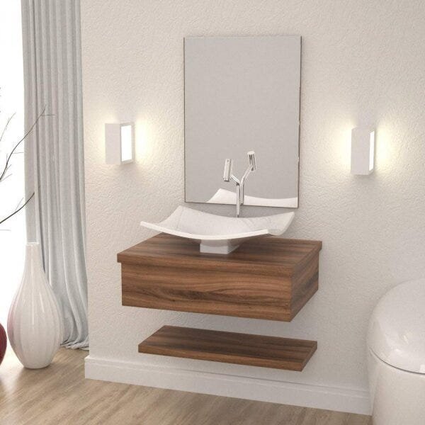 Bancada Para Banheiro Com Cuba Folha F44 Prateleira E Espelhe