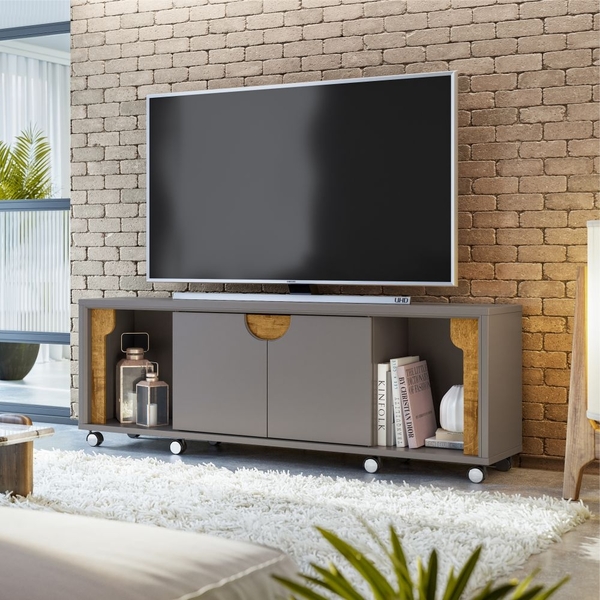 Bancada Para Tv Raffa Com Rodízios Cinza Canela