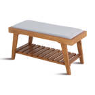 Banco De Madeira 2 Lugares Éden - Nozes E Tecido Cinza Claro