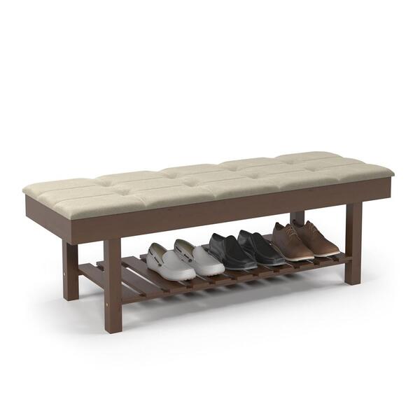 Banco Em Madeira Almofadado Com Sapateira Bege Linho Rubi Ofe