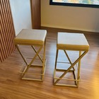 Banco Industrial Z Estofada Bege Metalon Dourado 75cm