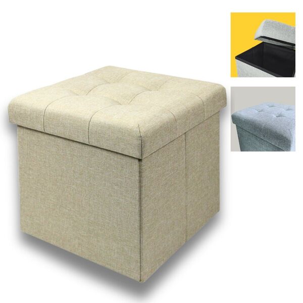 Banco Puff De Madeira Tecido Bege Baú Guarda Volume